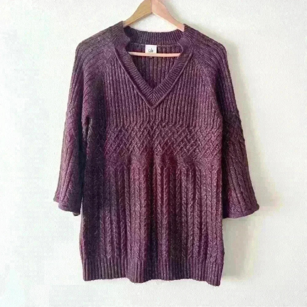 CAbi Sz S Womens Burgundy Marled Bell Sleeve Tunic Sweater Knit Ribbed V Neck